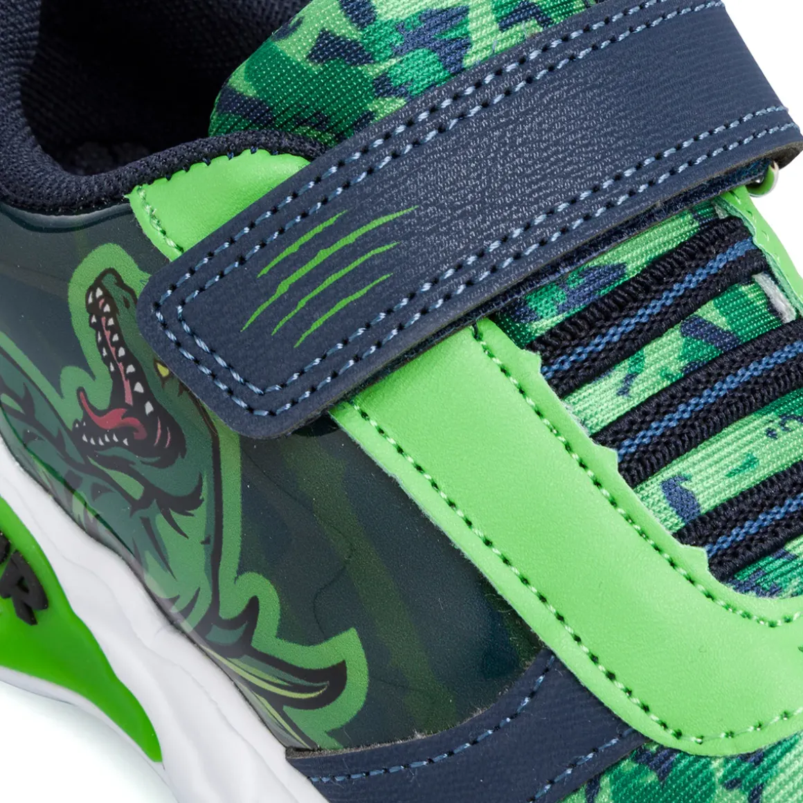 Sneakers da bambino verdi e blu con luci nella suola Dinosauri