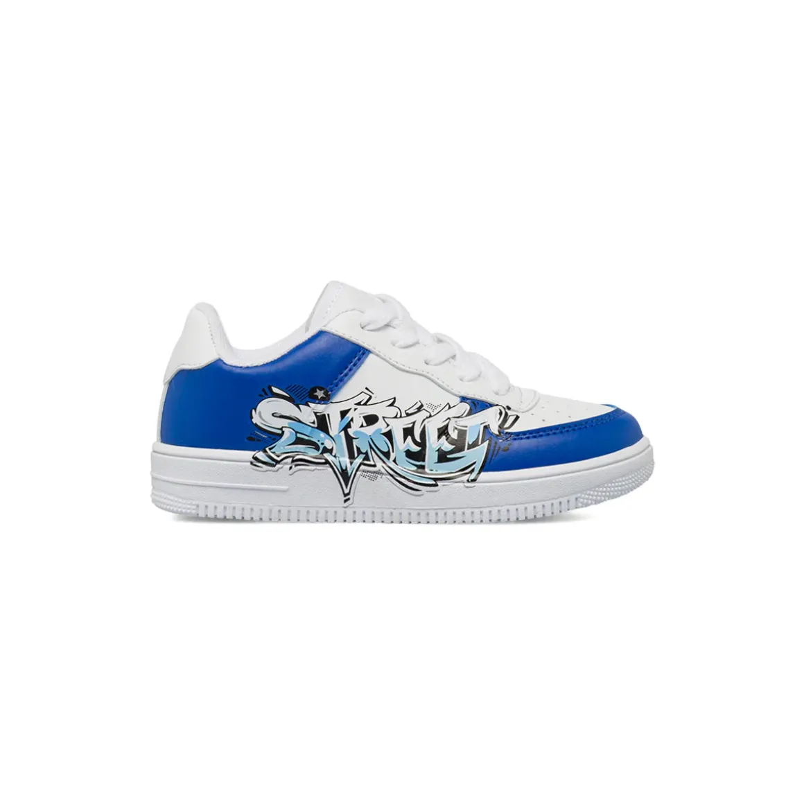 Sneakers da ragazzo bianche con graffiti blu e stampa street Space Boy