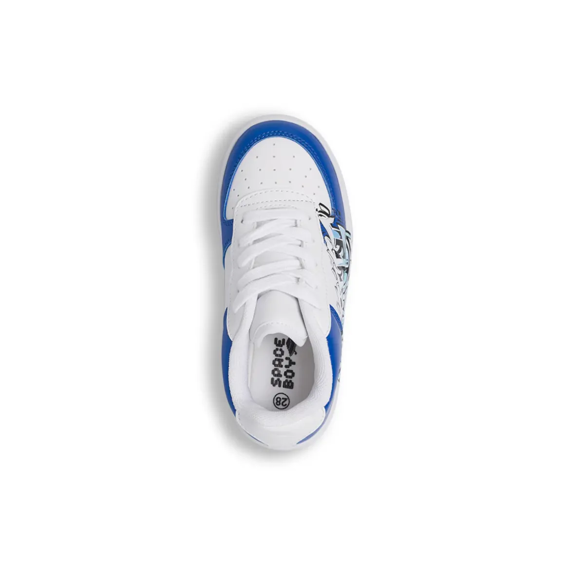 Sneakers da ragazzo bianche con graffiti blu e stampa street Space Boy