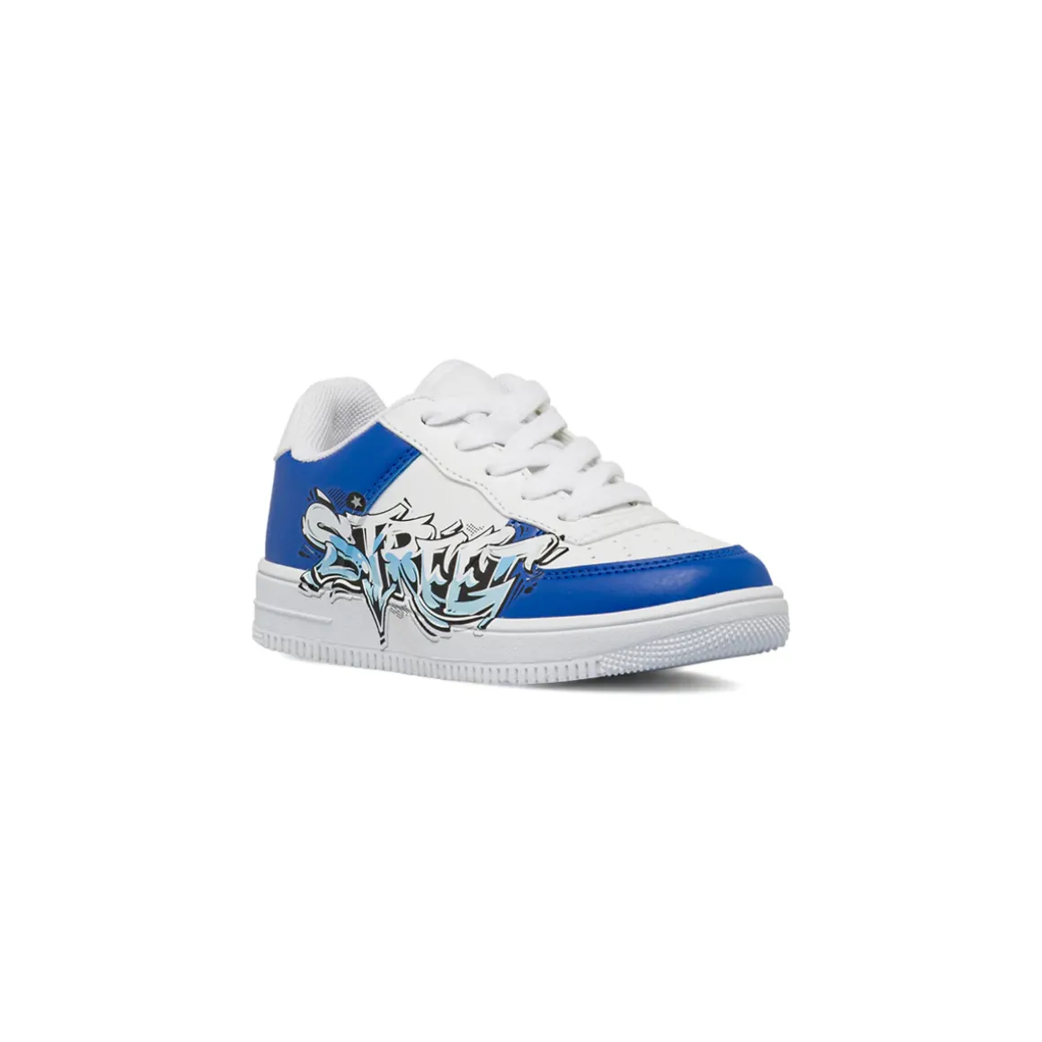 Sneakers da ragazzo bianche con graffiti blu e stampa street Space Boy