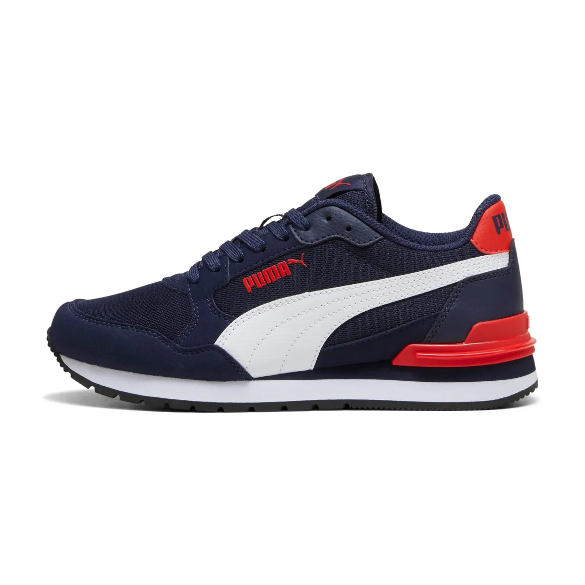 Sneakers da ragazzo blu in tessuto mesh con dettagli rossi Puma Runner V4 Mesh