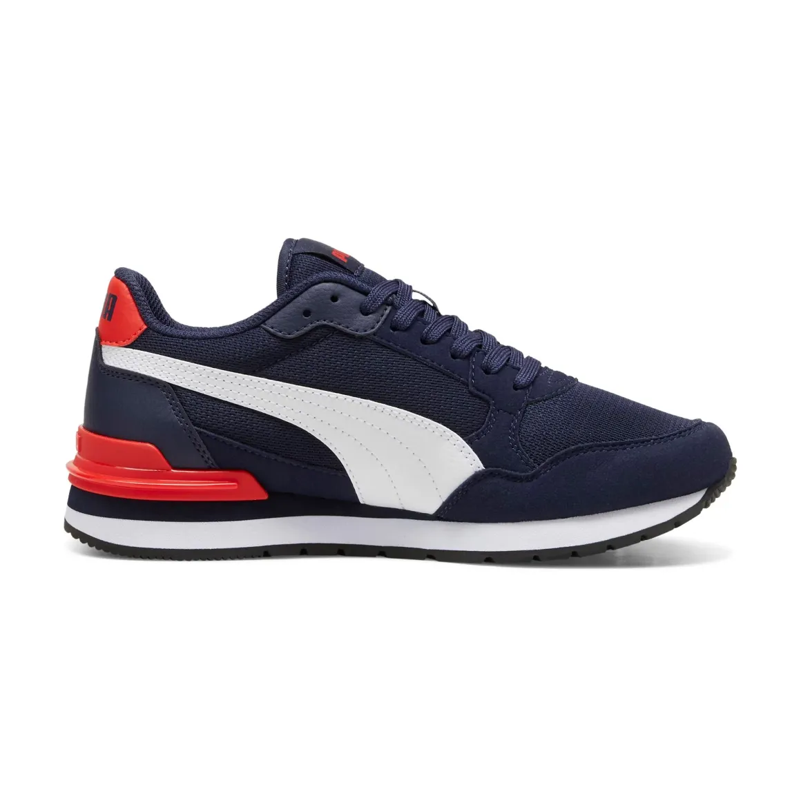 Sneakers da ragazzo blu in tessuto mesh con dettagli rossi Puma Runner V4 Mesh
