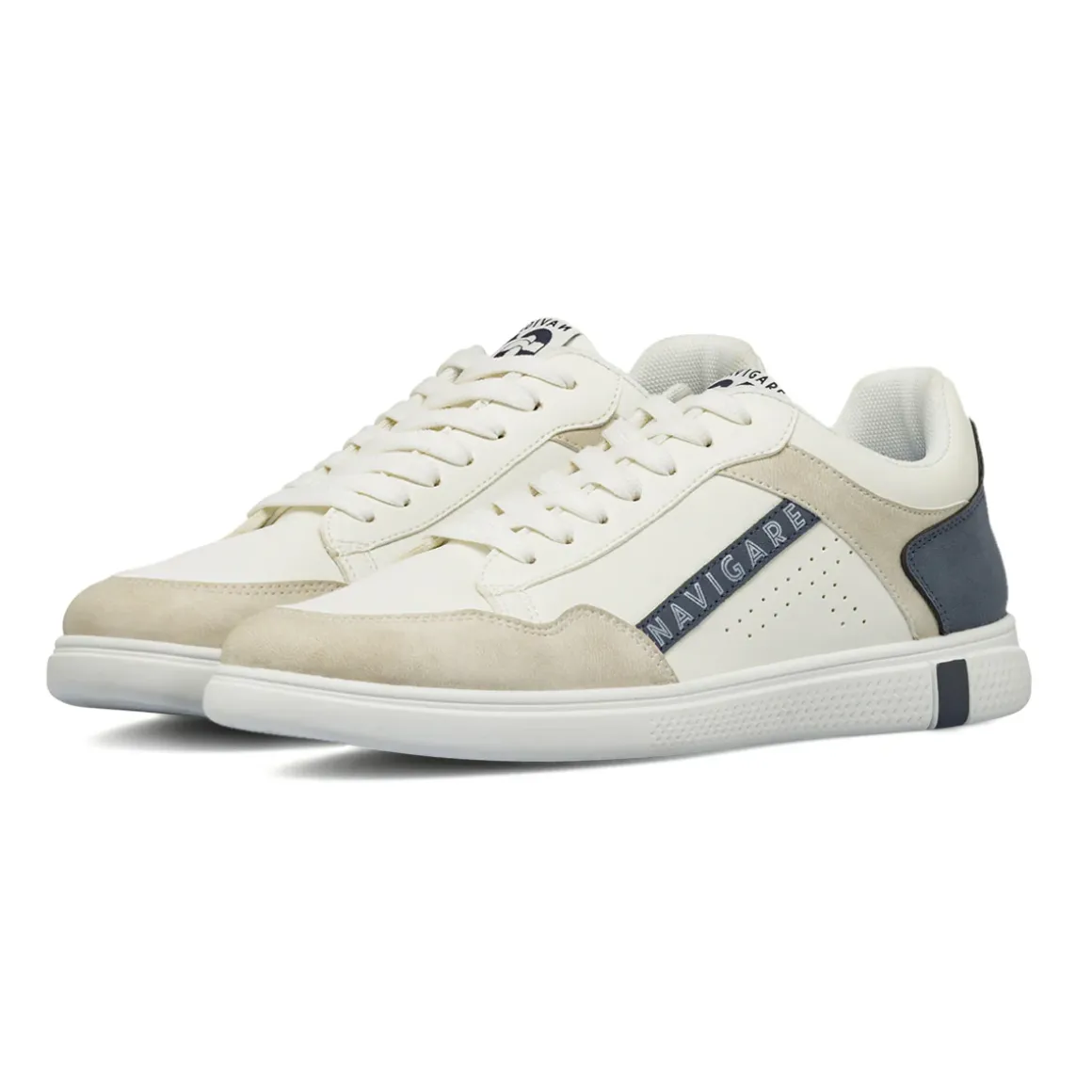 Sneakers da uomo bianche con inserti beige e blu Navigare