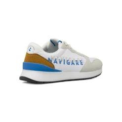 Sneakers da Uomo bianche con logo blu e inserti color ocra Navigare