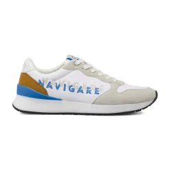 Sneakers da Uomo bianche con logo blu e inserti color ocra Navigare