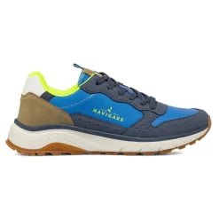 Sneakers da uomo blu in tessuto con dettagli giallo Navigare