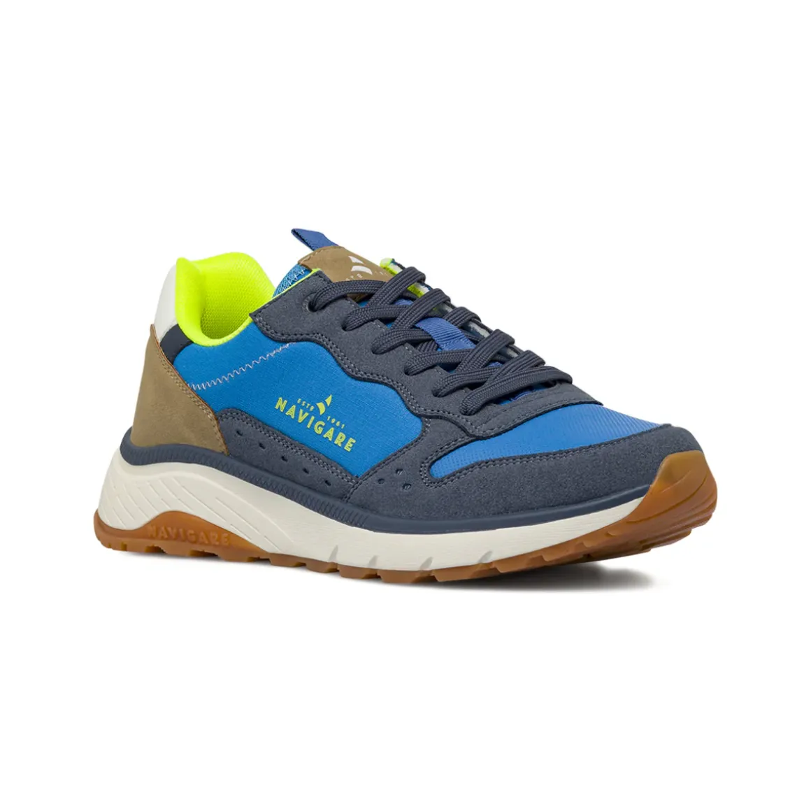 Sneakers da uomo blu in tessuto con dettagli giallo Navigare