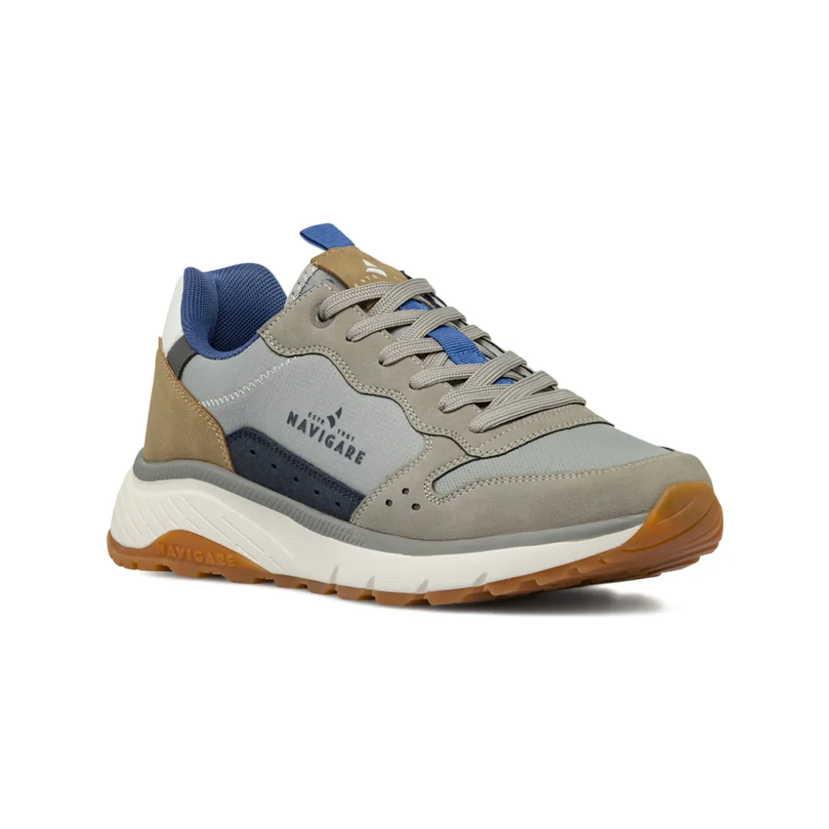 Sneakers da uomo grigie con dettagli blu e beige Navigare