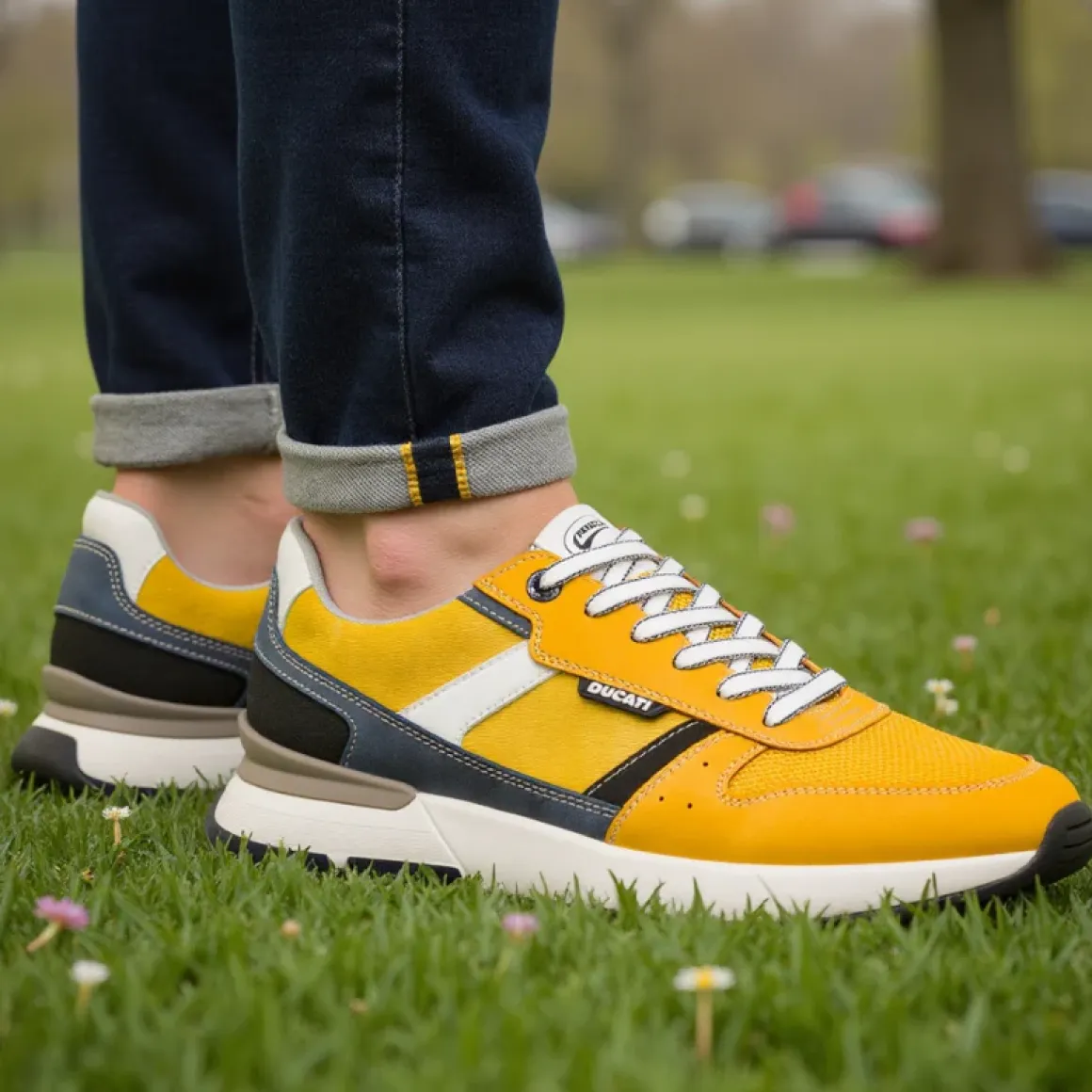 Sneakers gialle casual da uomo con dettagli neri e blu e logo Ducati