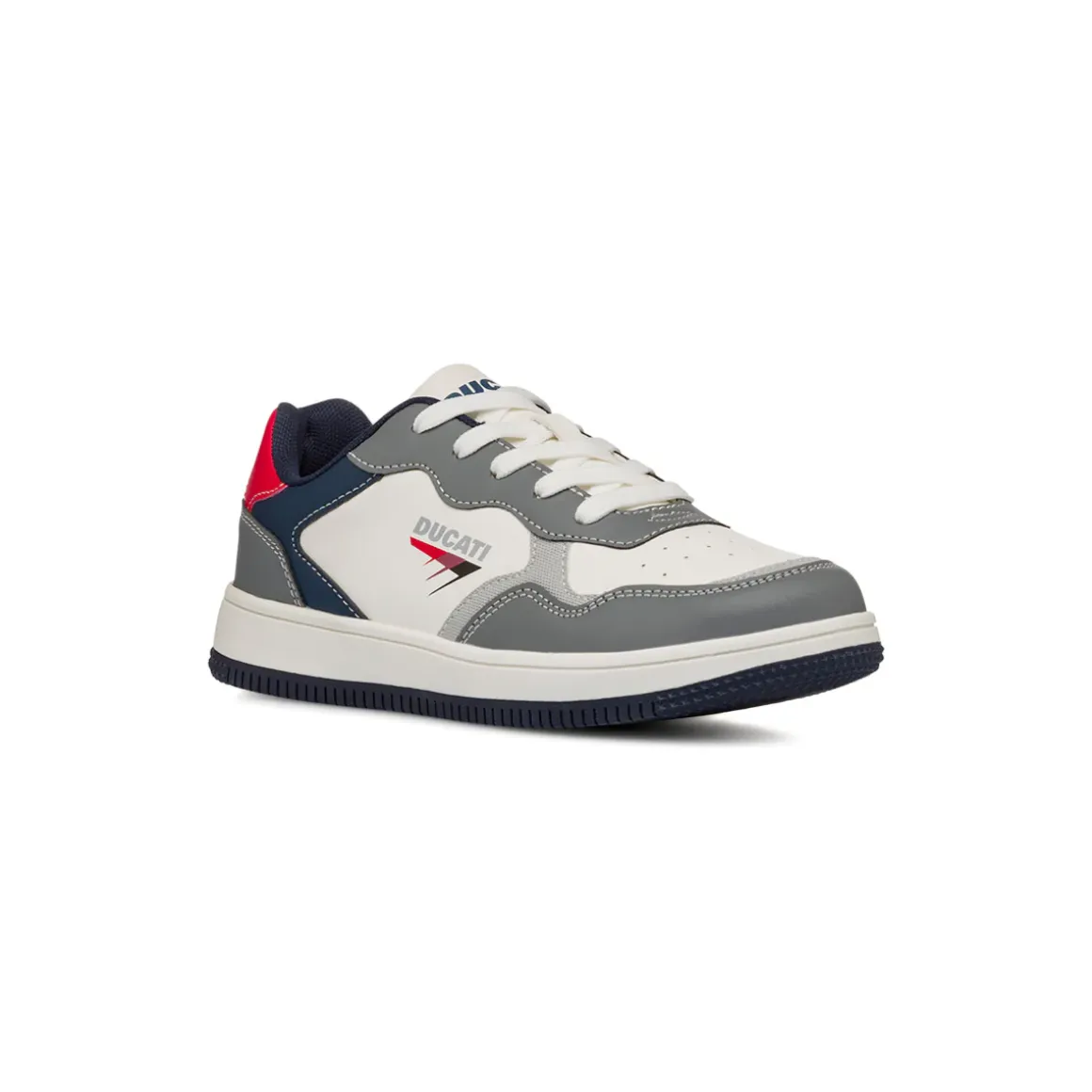 Sneakers grigie e bianche da ragazzo con dettaglio rosso e logo Ducati