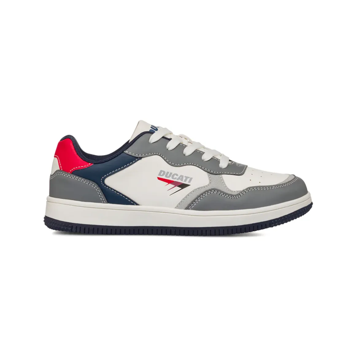Sneakers grigie e bianche da ragazzo con dettaglio rosso e logo Ducati