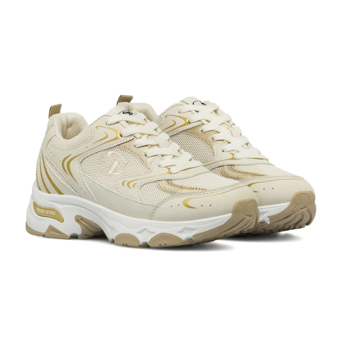 Sneakers retrò da Donna beige e oro con inserti in oro Swish Jeans