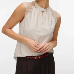 Top smanicato elegante da Donna beige con inserti in pizzo Vero Moda