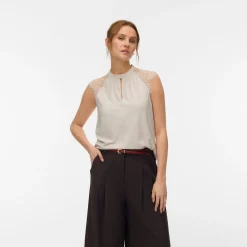 Top smanicato elegante da Donna beige con inserti in pizzo Vero Moda