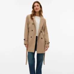 Trench Beige Donna doppiopetto corto con cintura e rever Vero Moda