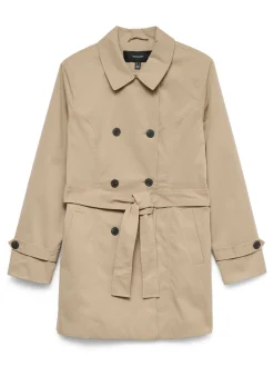 Trench Beige Donna doppiopetto corto con cintura e rever Vero Moda