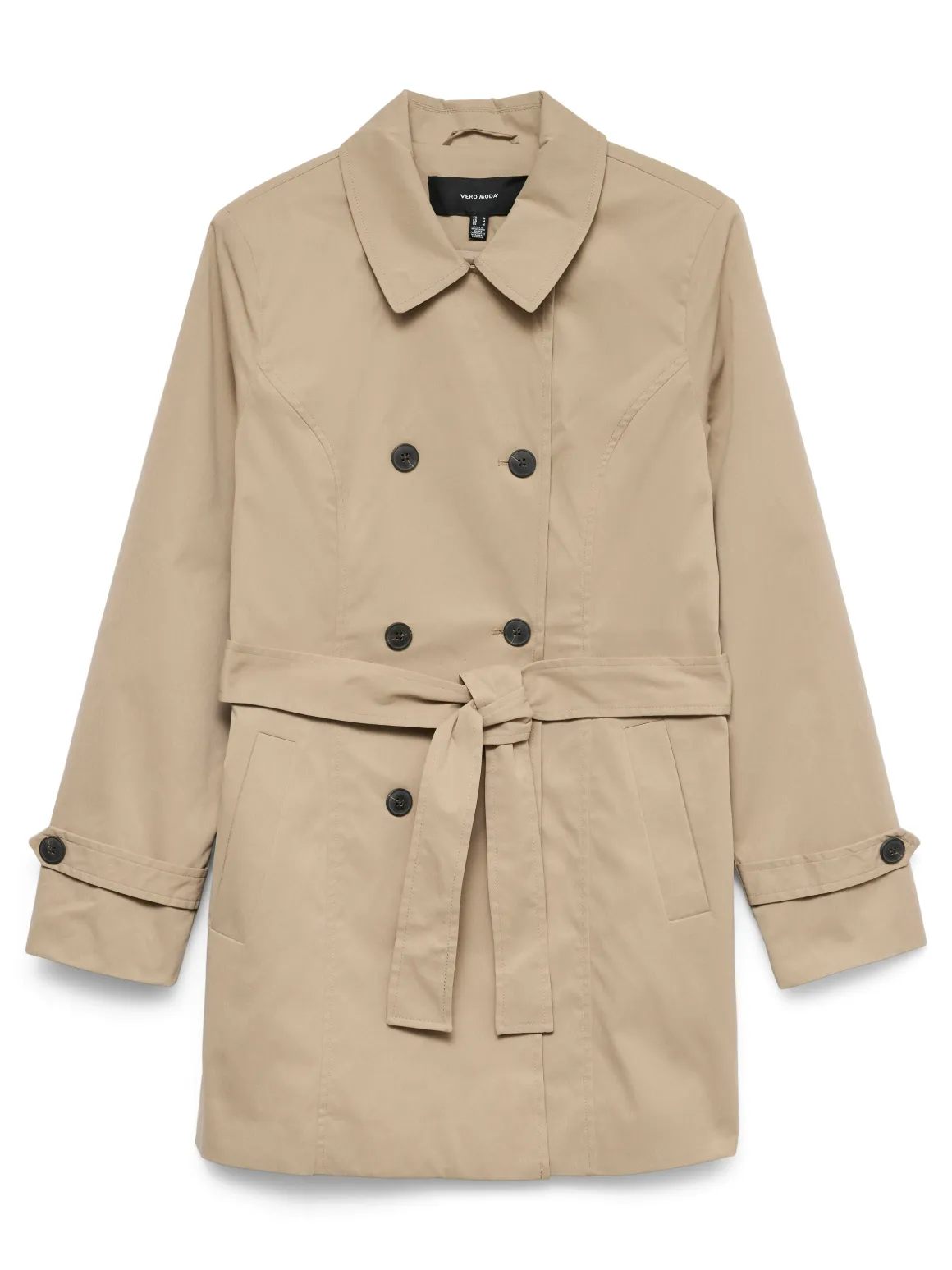 Trench Beige Donna doppiopetto corto con cintura e rever Vero Moda