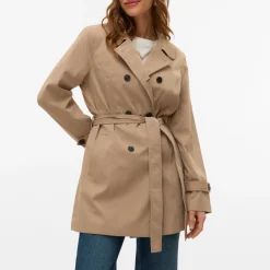 Trench Beige Donna doppiopetto corto con cintura e rever Vero Moda
