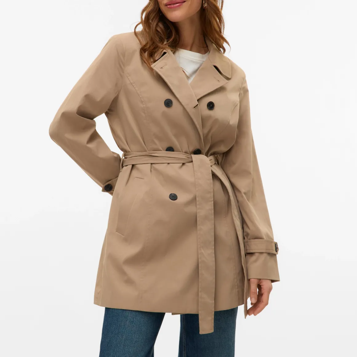 Trench Beige Donna doppiopetto corto con cintura e rever Vero Moda
