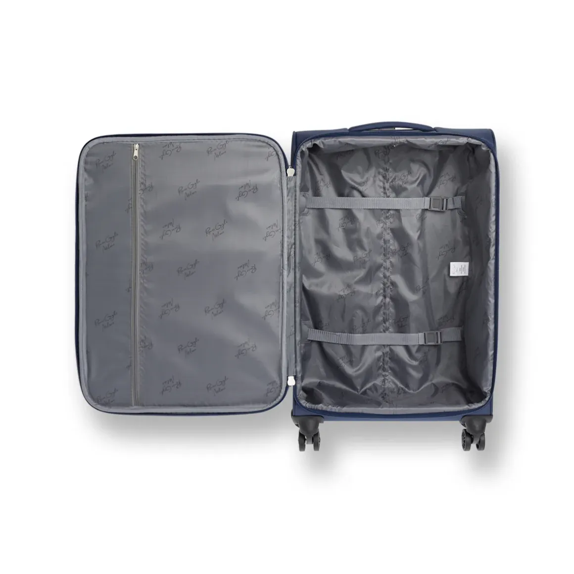 Trolley piccolo in tessuto blu con inserti ocra Romeo Gigli Milano