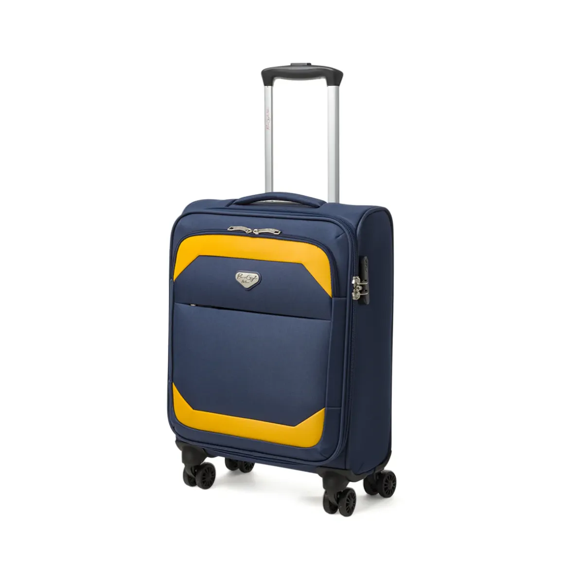 Trolley piccolo in tessuto blu con inserti ocra Romeo Gigli Milano