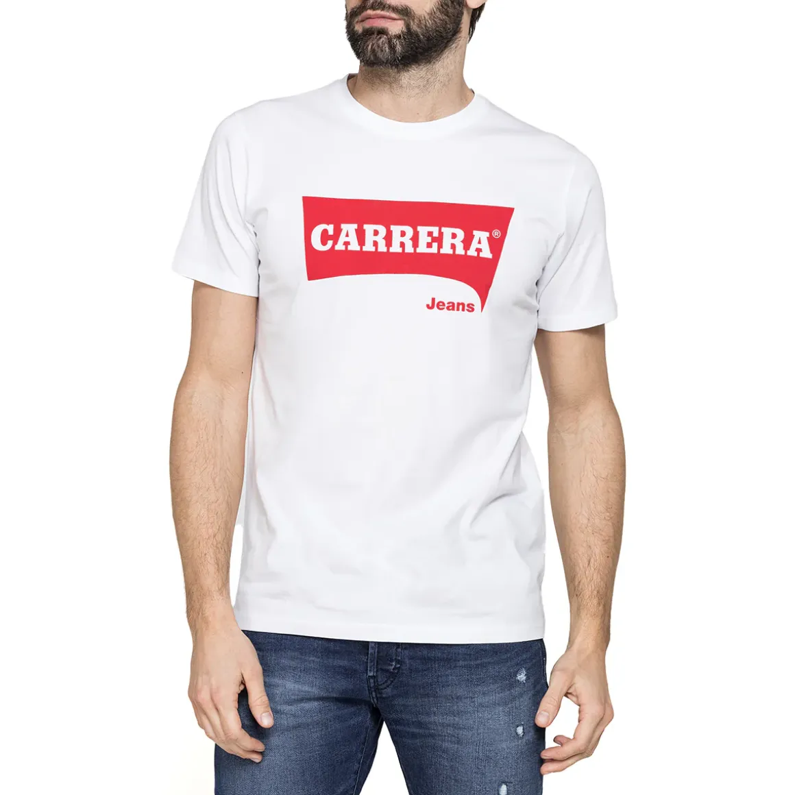 T-shirt bianca da Uomo in morbido cotone con logo rosso Carrera Jeans