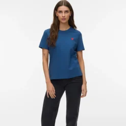 T-shirt blu da Donna con cuore rosso ricamato Vero Moda