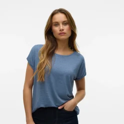 T-shirt blu Donna con righe glitter e maniche con risvolto Vero Moda