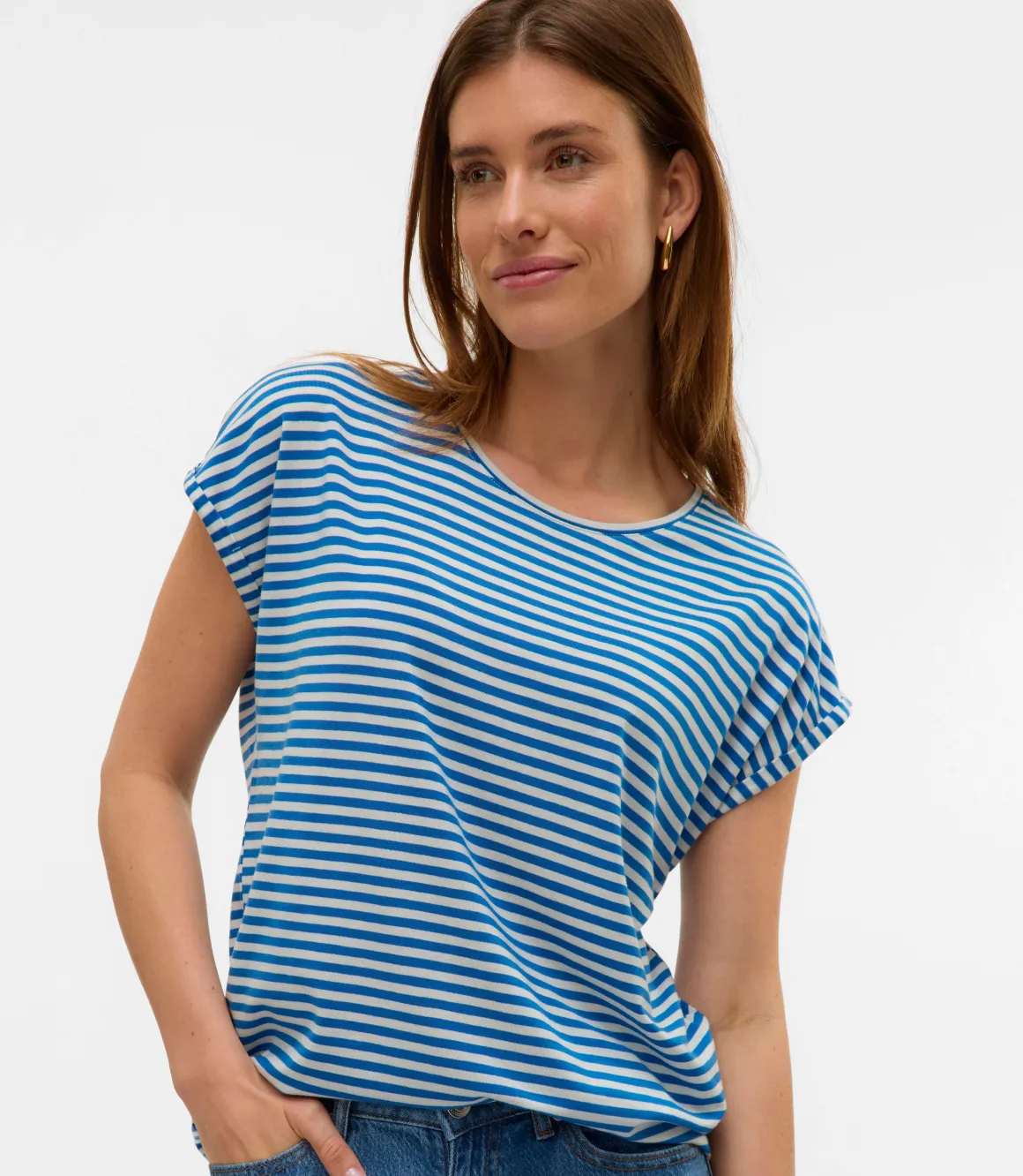T-shirt casual da Donna blu a righe bianche con girocollo Vero Moda