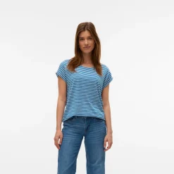 T-shirt casual da Donna blu a righe bianche con girocollo Vero Moda