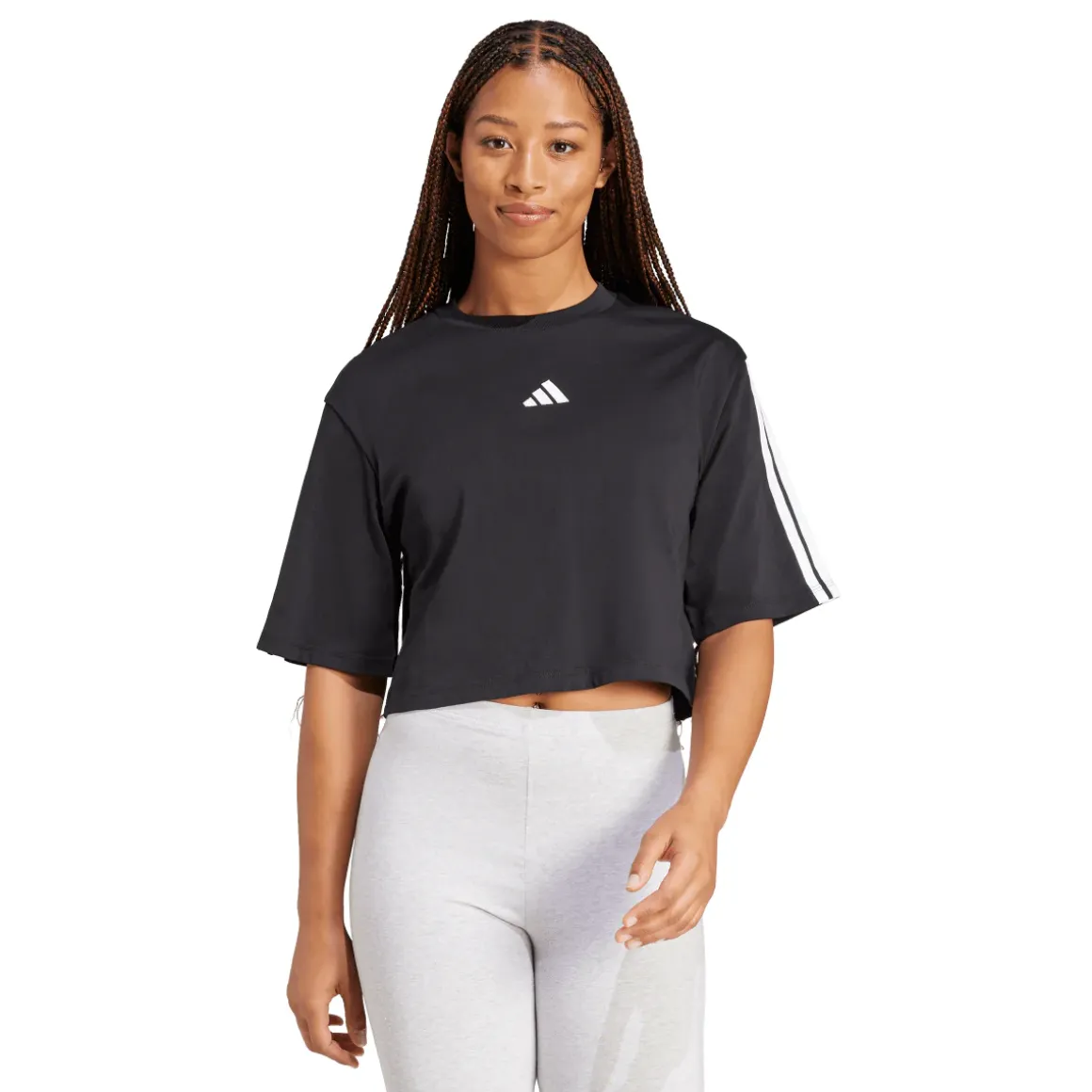 T-shirt crop da donna nera con logo bianco adidas