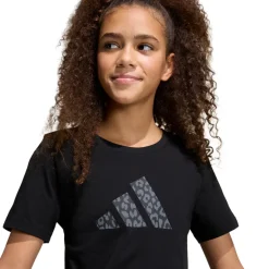 T-shirt da bambina nera con stampa leopardata sul logo adidas