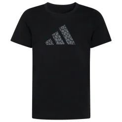 T-shirt da bambina nera con stampa leopardata sul logo adidas