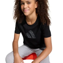 T-shirt da bambina nera con stampa leopardata sul logo adidas