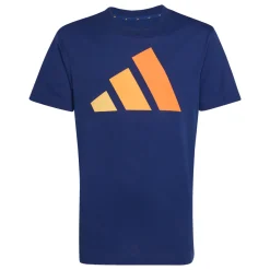 T-shirt da bambino blu con maxi logo grafico arancione adidas