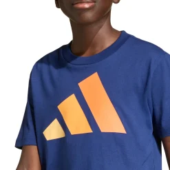 T-shirt da bambino blu con maxi logo grafico arancione adidas