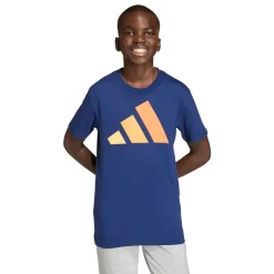 T-shirt da bambino blu con maxi logo grafico arancione adidas