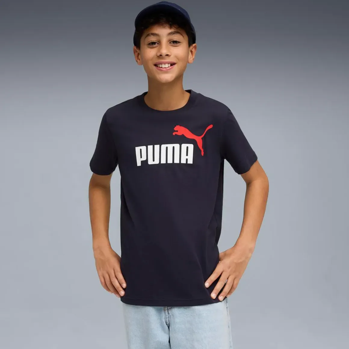 T-shirt da bambino blu scuro Puma con stampa logo bianca e rossa