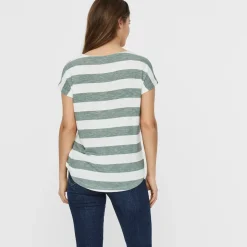 T-shirt da Donna a righe bianche e verdi con girocollo Vero Moda