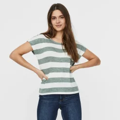 T-shirt da Donna a righe bianche e verdi con girocollo Vero Moda