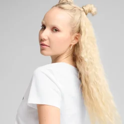 T-shirt da donna bianca con logo nero a contrasto sul petto Puma