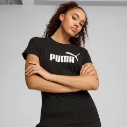 T-shirt da donna nera con logo bianco a contrasto sul petto Puma