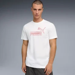 T-shirt da uomo bianca Puma con logo rosso dal design geometrico