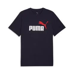 T-shirt da uomo blu in cotone con logo frontale rosso e bianco Puma