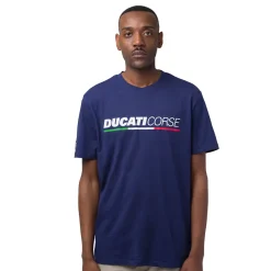 T-shirt da uomo blu navy in cotone con logo e stampa Ducati Corse