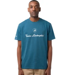 T-shirt da uomo blu ottanio in cotone con logo bianco Tonino Lamborghini