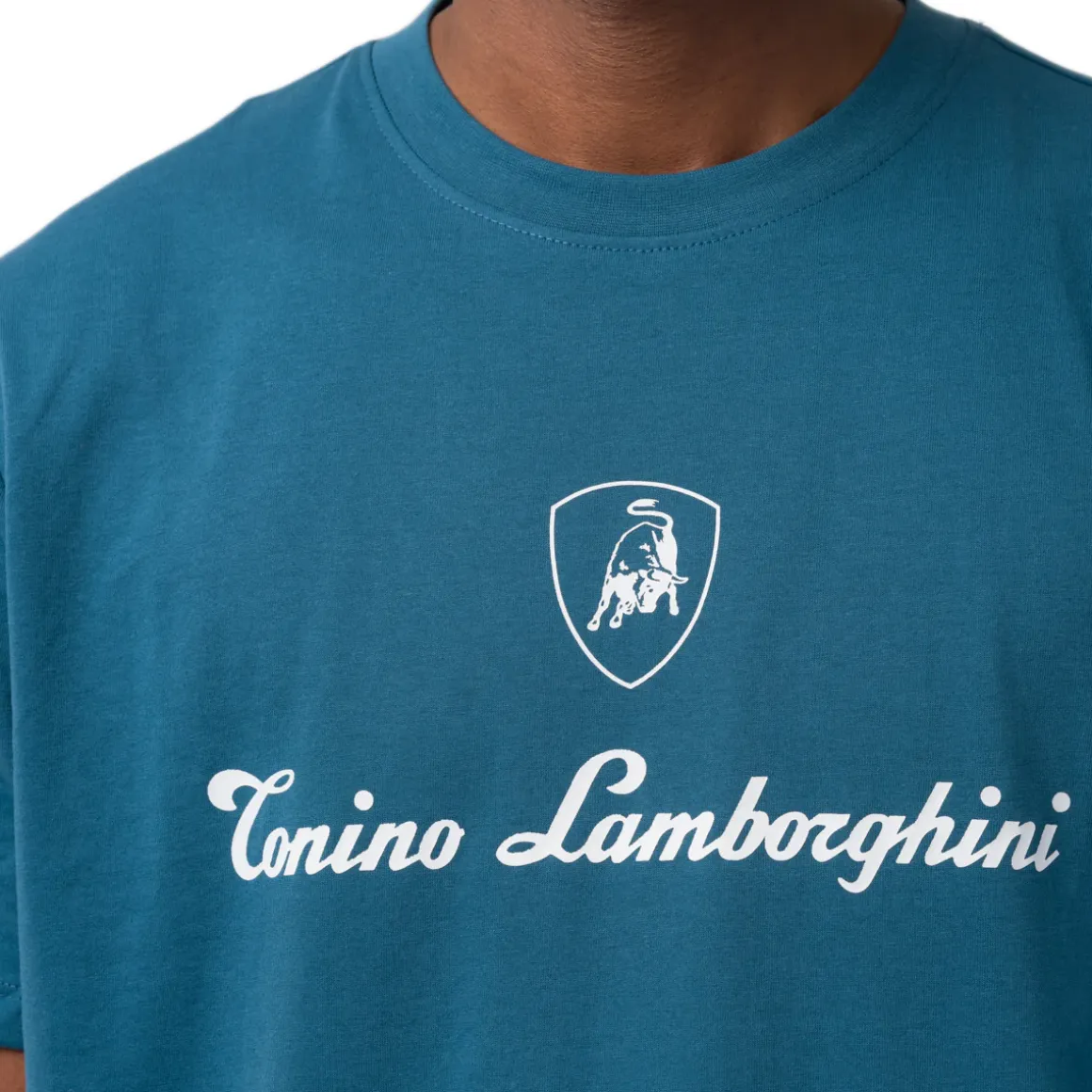 T-shirt da uomo blu ottanio in cotone con logo bianco Tonino Lamborghini