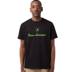 T-shirt da uomo nera in cotone con logo verde fluo Tonino Lamborghini