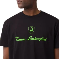 T-shirt da uomo nera in cotone con logo verde fluo Tonino Lamborghini