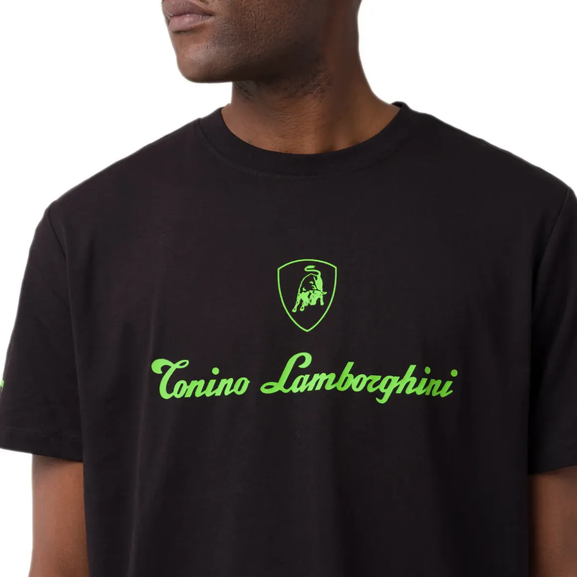 T-shirt da uomo nera in cotone con logo verde fluo Tonino Lamborghini